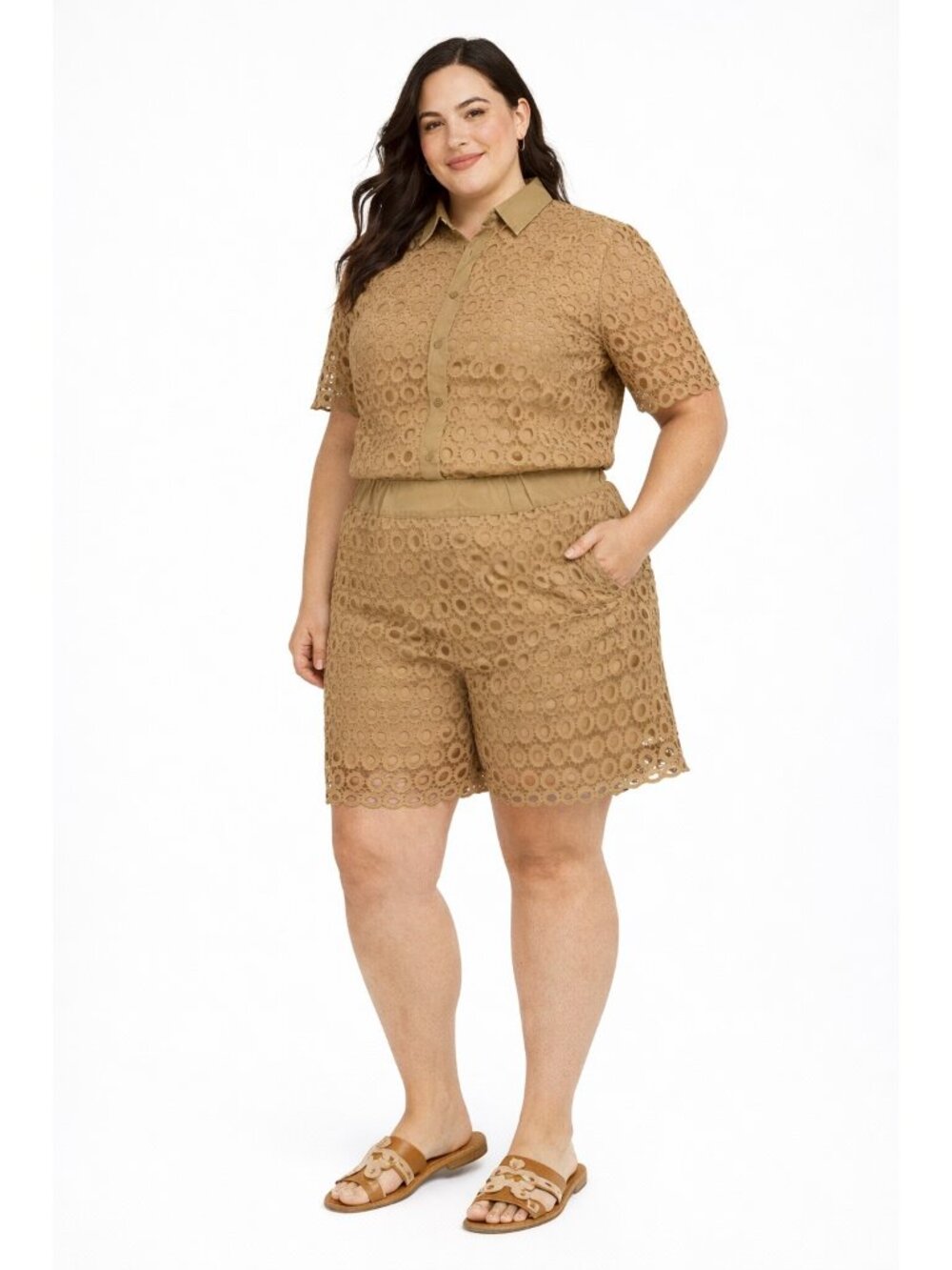 2-Piece Set Women's XL Tan Crochet Lace Collared Blouse & High Rise Shorts Boho